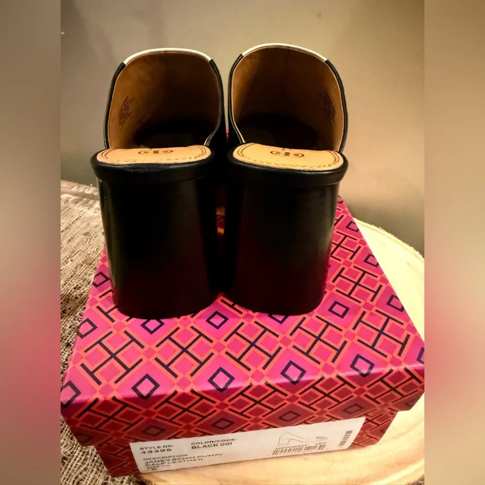 TORY BURCH EQUESTRIAN LINK MULE 80MM PUMP LEATHER BLACK/DULCE DE LECHE SZ US 8 - Picture 8 of 11